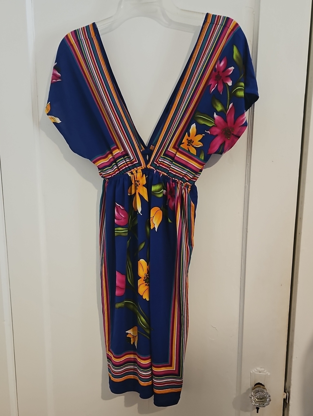 Rhapsody Royal Blue Floral V-Neck Midi Dress Size Small